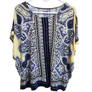 Chico's Scoop Neck Short Sleeved Pullover Blouse Blue and Yellow Print Size 12